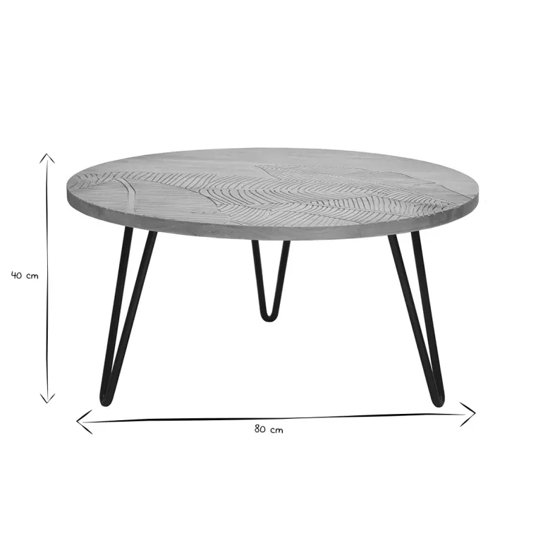 Table basse ronde gravée bois manguier massif et métal noir d80 cm vibes