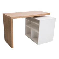 Table de bar modulable avec rangement blanc mat et bois clair l140-165 cm max
