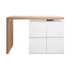 Table de bar modulable avec rangement blanc mat et bois clair l140-165 cm max