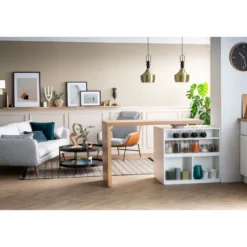 Table de bar modulable avec rangement blanc mat et bois clair l140-165 cm max
