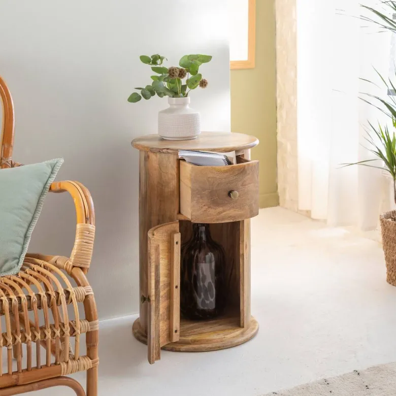 Table de chevet ronde en bois avec porte