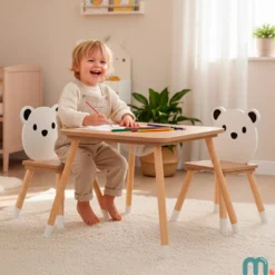 Table et 2 chaises enfant, espace de travail & jeux avec un panier de rangement
