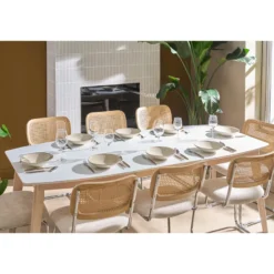 Table à manger extensible blanc et bois clair l150-200 cm leena