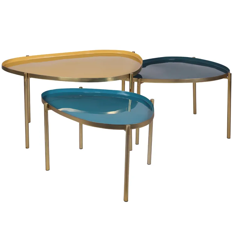 Tables basses gigognes laquées moutarde, bleu canard et bleu (lot de 3) zuria