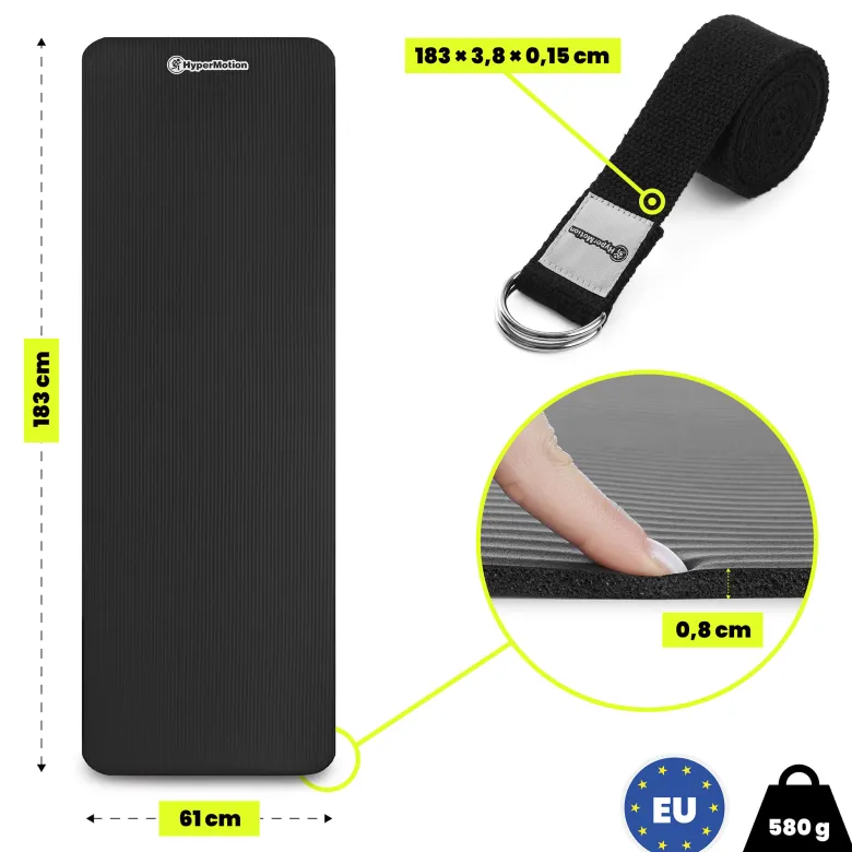 Tapis de yoga et fitness hypermotion nbr 183x61x0,8 cm noir avec sangle