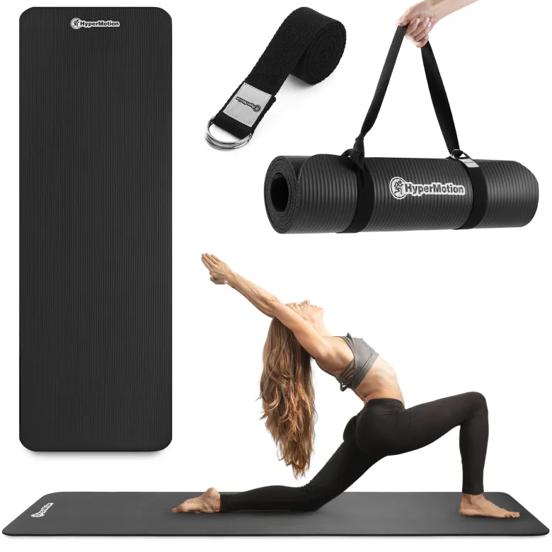 Tapis de yoga et fitness hypermotion nbr 183x61x0,8 cm noir avec sangle