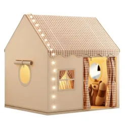 Tente maison avec guirlande pour enfant en polyester beige