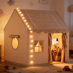 Tente maison avec guirlande pour enfant en polyester beige