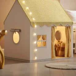 Tente maison avec guirlande pour enfant en polyester jaune