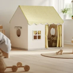 Tente maison avec guirlande pour enfant en polyester jaune