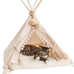 Tente tipi pour chats chiens et lapins avec tapis en fausse fourrure medium ecru
