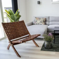 Tiko-fauteuil pliant en teck massif et cuir marron