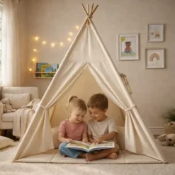 Tipi enfant beige avec tapis de sol et guirlande, coton et pin naturel