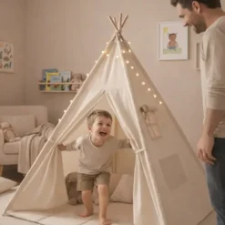 Tipi enfant beige avec tapis de sol et guirlande, coton et pin naturel