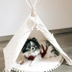 Tipi pour chien & grande tente pour chat avec pompons ecru