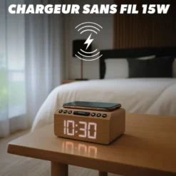 T'nb - radio réveil led en bois avec charge sans fil 15w