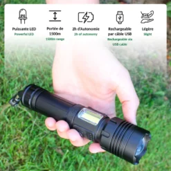 Torche 2000 lumens led portée 1500 m zoom télescopique rechargeable