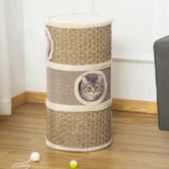 Tour à griffer pour chat - 3 niches, plateforme - sisal corde d'algues beige