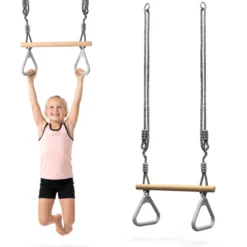 Trapèze gymnastique enfant hypermotion avec barre bois et anneaux balançoire