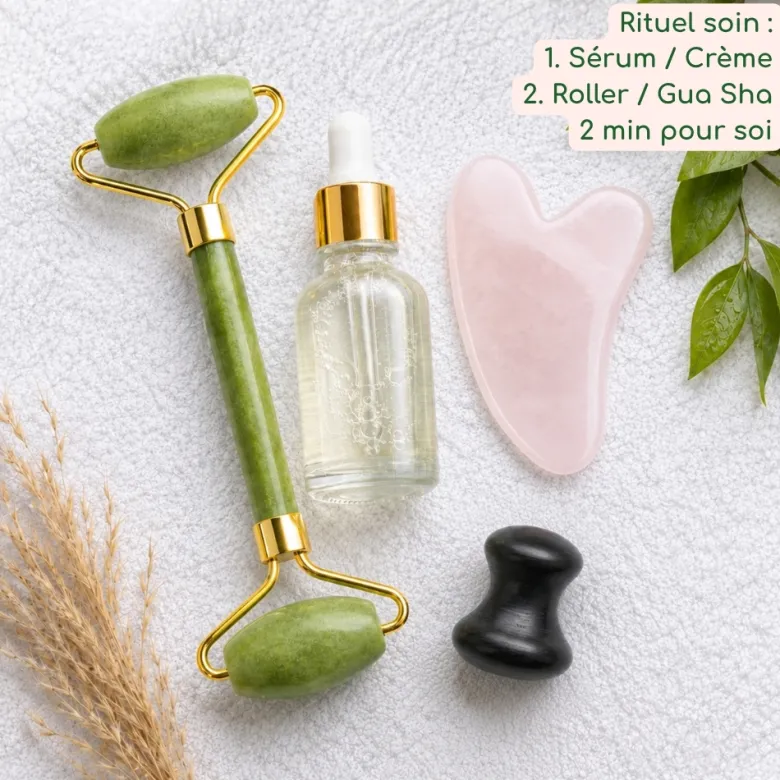 Trio gua sha quartz rose + roller jade + champi serpentine