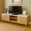 Trix meuble tv aspect bois rainuré et blanc avec tiroirs et placard 150cm
