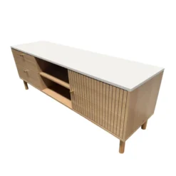 Trix meuble tv aspect bois rainuré et blanc avec tiroirs et placard 150cm