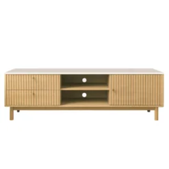 Trix meuble tv aspect bois rainuré et blanc avec tiroirs et placard 150cm