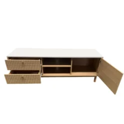 Trix meuble tv aspect bois rainuré et blanc avec tiroirs et placard 150cm