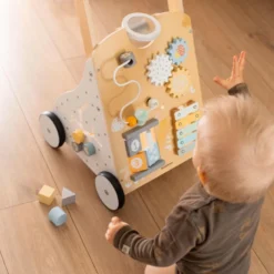 Trotteur bébé en bois avec tableau de manipulation - jouet d'e´veil bébé