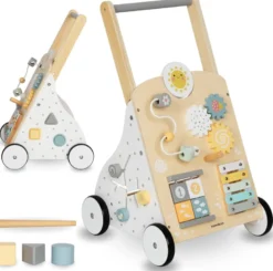 Trotteur bébé en bois avec tableau de manipulation - jouet d'e´veil bébé
