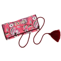 Trousse à bijoux de voyage artisanale roulée et brodée en tissu Rose