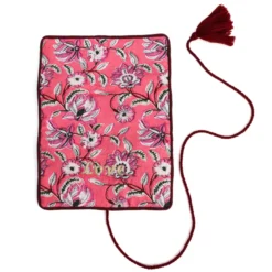 Trousse à bijoux de voyage artisanale roulée et brodée en tissu Rose