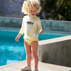 T-shirt anti-uv manches longues rayures jaune pâle et sel marin (4-5 ans)