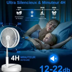 Ventilateur pliable sans fil, pied télescopique 40-105 cm, blanc