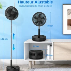 Ventilateur pliable sans fil, pied télescopique 40-105 cm, noir