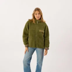 Veste sherpa zippée manches longues femme vert olive XS