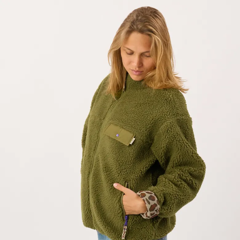 Veste sherpa zippée manches longues femme vert olive XS