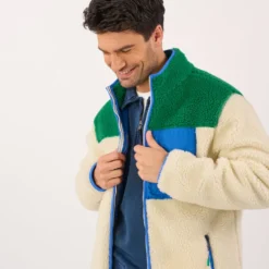 Veste sherpa zippée manches longues ivoire et vert XS