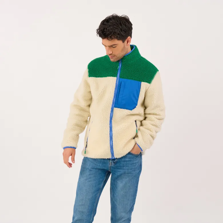 Veste sherpa zippée manches longues ivoire et vert XS