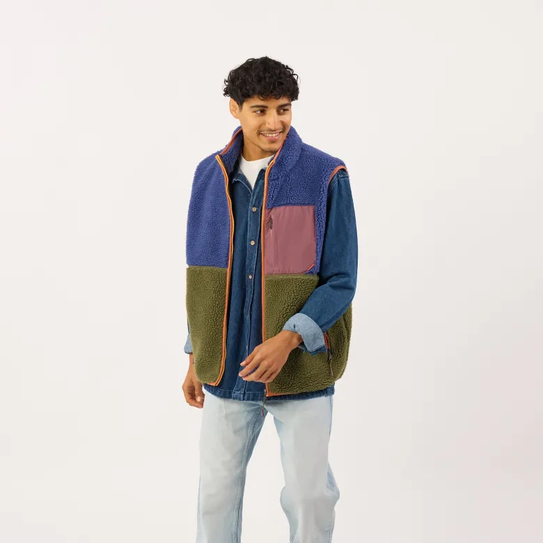 Veste sherpa zippée sans manches bleu et kaki XS