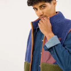 Veste sherpa zippée sans manches bleu et kaki XS