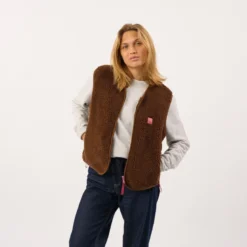 Veste sherpa zippée sans manches femme marron S