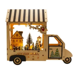 Village en bois led blanc chaud avec camion, déco artisanale à poser