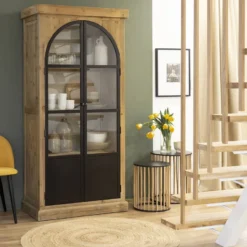 Vitrine en bois recyclé et métal garance